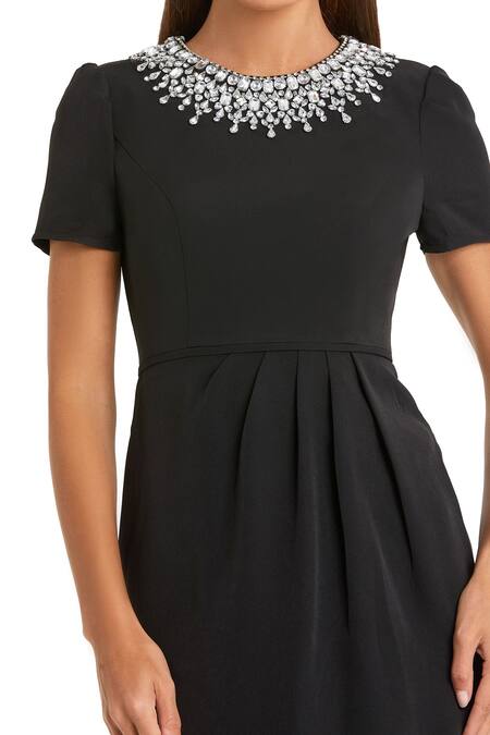 Mac Duggal_Black Polyester Rhinestones Round Neck Embellished Midi Dress _Online_at_Aza_Fashions