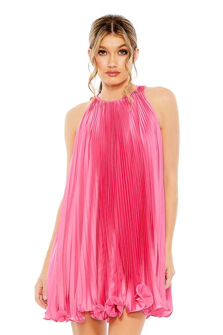 Mac Duggal_Pink Polyester Round Neck Candy Pleated Dress _Online_at_Aza_Fashions