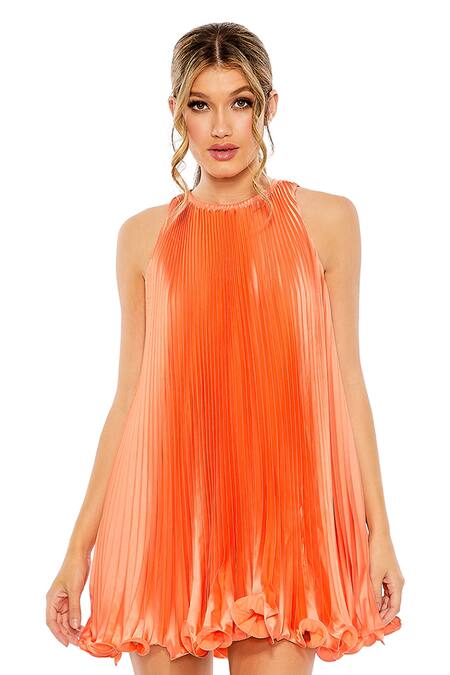 Mac Duggal Orange Polyester Round Neck Pleated Tangerine Dress Online at Aza Fashions Mac Duggal_Orange Polyester Round Neck Pleated Tangerine Dress _Online_at_Aza_Fashions