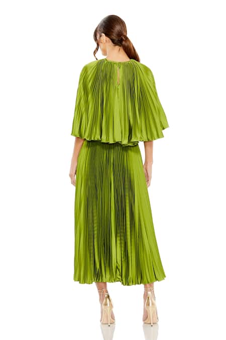 Shop_Mac Duggal_Green Polyester Round Neck Pleated Cape Sleeve Dress _at_Aza_Fashions