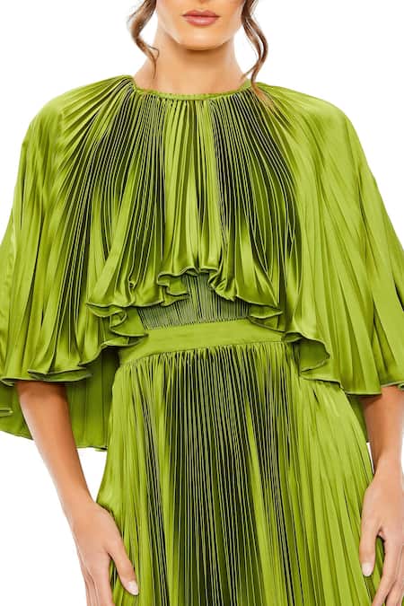 Mac Duggal_Green Polyester Round Neck Pleated Cape Sleeve Dress _Online_at_Aza_Fashions
