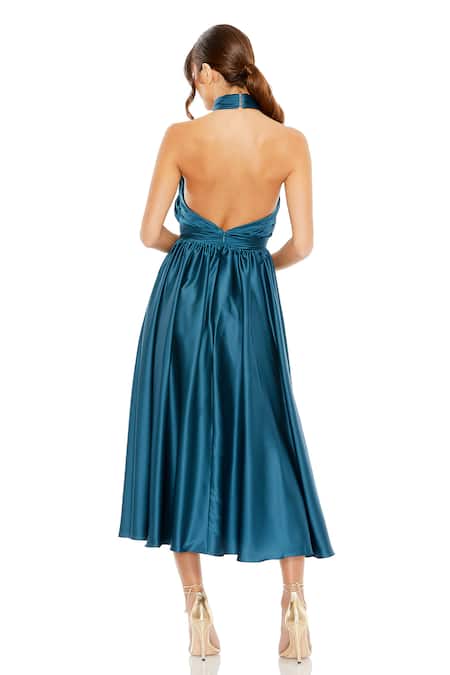 Shop_Mac Duggal_Blue Polyester Halter Neck Ocean Pleated Midi Dress _at_Aza_Fashions