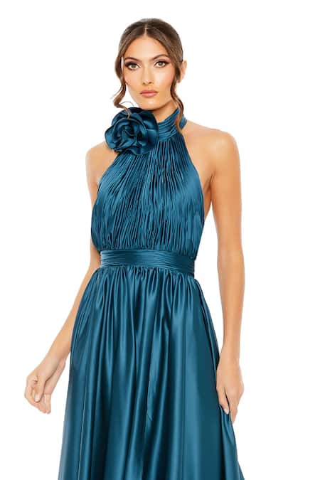Mac Duggal_Blue Polyester Halter Neck Ocean Pleated Midi Dress _Online_at_Aza_Fashions
