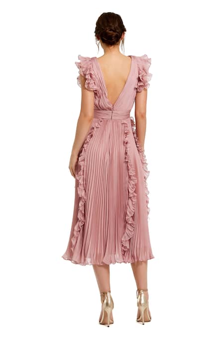 Shop_Mac Duggal_Rose Gold Polyester Plunge Neck Pleated Ruffle Midi Dress _at_Aza_Fashions