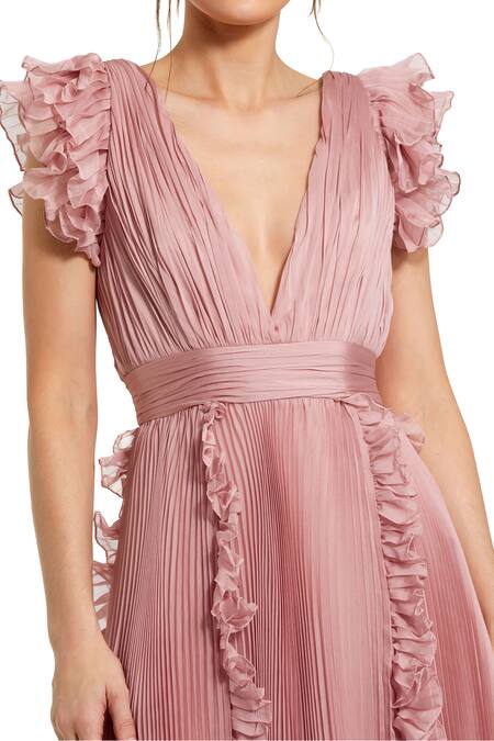 Mac Duggal_Rose Gold Polyester Plunge Neck Pleated Ruffle Midi Dress _Online_at_Aza_Fashions