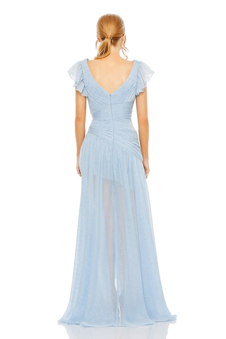 Shop_Mac Duggal_Blue Polyester Sequins V-neck Ice Pleated Asymmetric Gown _at_Aza_Fashions