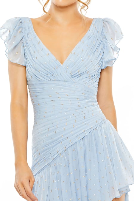Mac Duggal_Blue Polyester Sequins V-neck Ice Pleated Asymmetric Gown _Online_at_Aza_Fashions