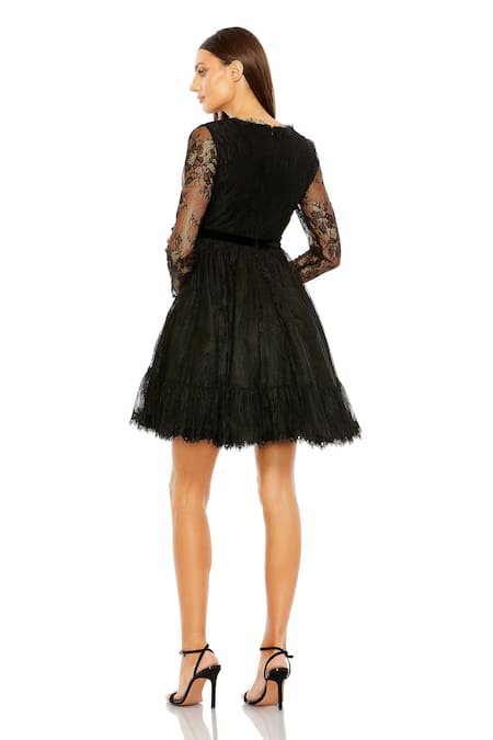 Shop_Mac Duggal_Black Polyester Lace, Bows Plunge Neck Tiered Dress _at_Aza_Fashions