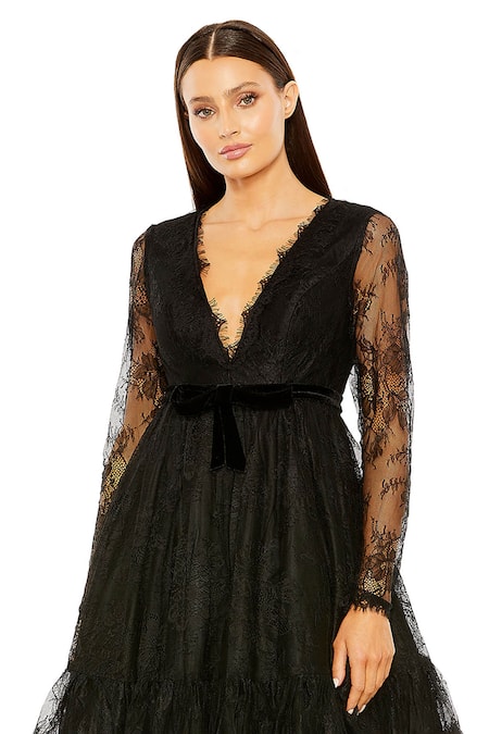 Mac Duggal_Black Polyester Lace, Bows Plunge Neck Tiered Dress _Online_at_Aza_Fashions