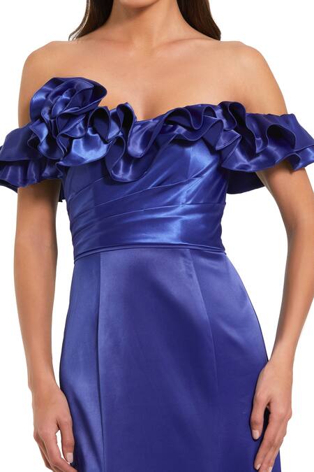 Mac Duggal_Blue Polyester Off-shoulder Cobalt Off Ruffle Gown _Online_at_Aza_Fashions
