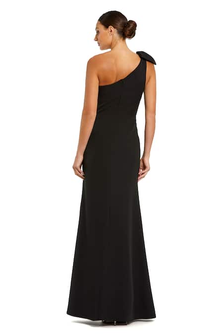Shop_Mac Duggal_Black Polyester Bows Asymmetric One Shoulder Gown _at_Aza_Fashions