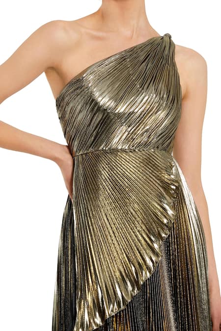 Mac Duggal_Gold Polyester One Shoulder Asymmetric Gown _Online_at_Aza_Fashions