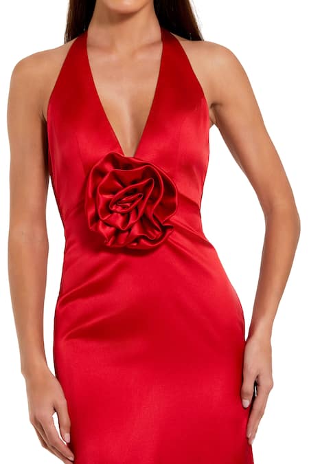 Mac Duggal Red Polyester Fabric Flowers Halter Neck 3d Gown Online at Aza Fashions Mac Duggal_Red Polyester Fabric Flowers Halter Neck 3d Gown _Online_at_Aza_Fashions