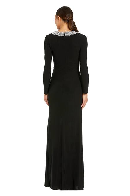 Shop_Mac Duggal_Black Polyester Pearls, Beads Round Neck Embellished Gown _at_Aza_Fashions