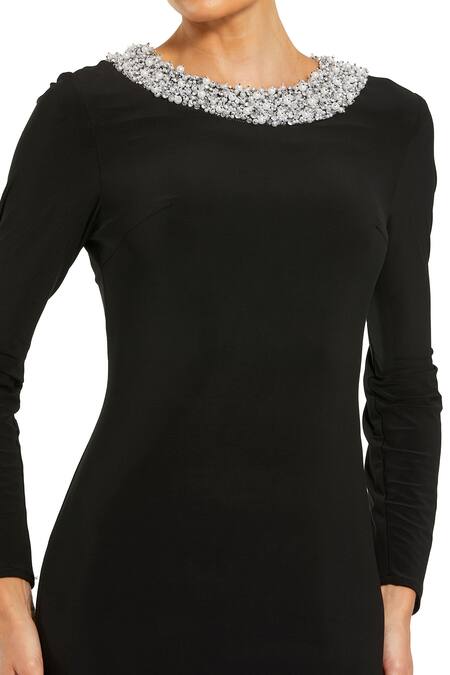 Mac Duggal_Black Polyester Pearls, Beads Round Neck Embellished Gown _Online_at_Aza_Fashions