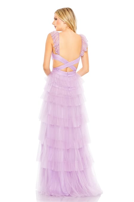 Shop_Mac Duggal_Purple Polyester Sequins Sweetheart Neck Lilac Ruffle Tiered Cutout Gown _at_Aza_Fashions