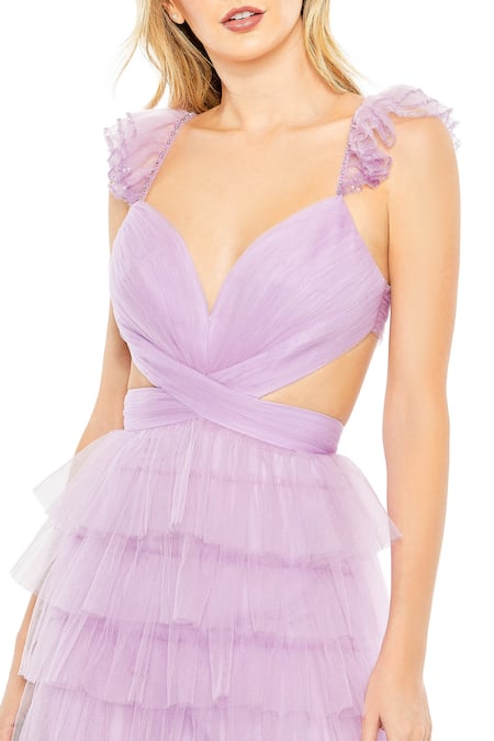 Mac Duggal_Purple Polyester Sequins Sweetheart Neck Lilac Ruffle Tiered Cutout Gown _Online_at_Aza_Fashions