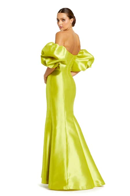 Mac Duggal Chartreuse Off Shoulder Puff Sleeve Gown 