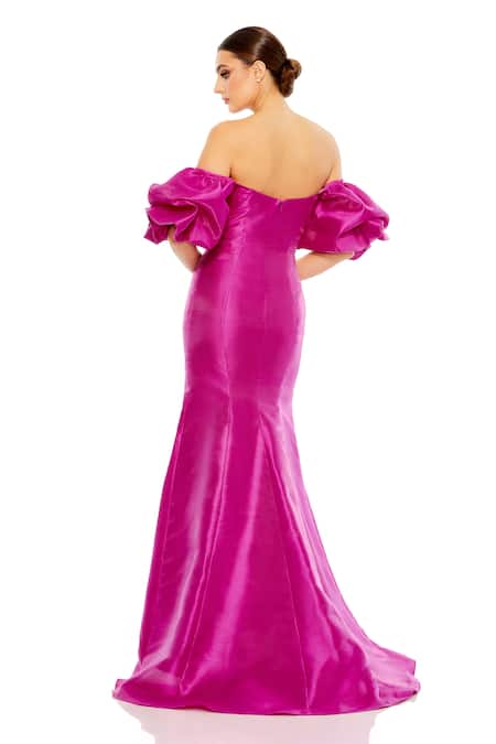 Mac Duggal Fuchsia Mermaid Gown With Puff Sleeves 