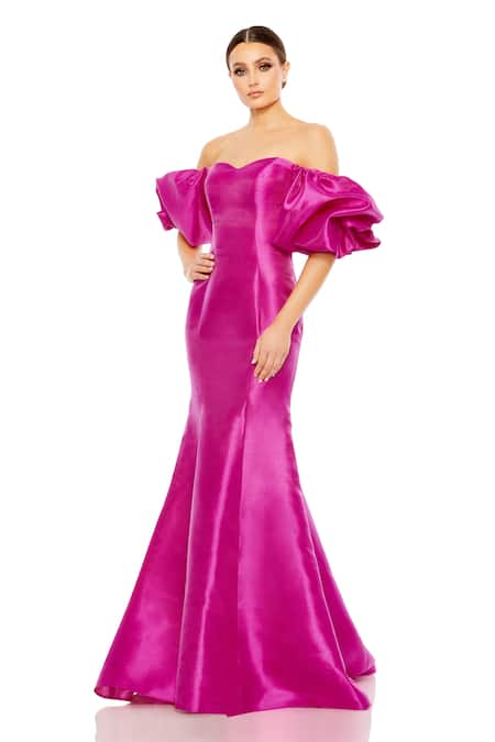 Mac Duggal Fuchsia Mermaid Gown With Puff Sleeves 