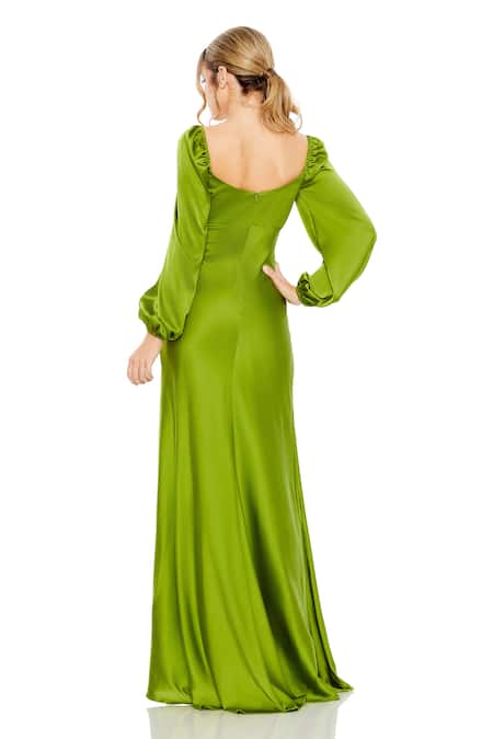 Shop_Mac Duggal_Green Polyester Sweetheart Neck Apple Puff Sleeve Gown _at_Aza_Fashions