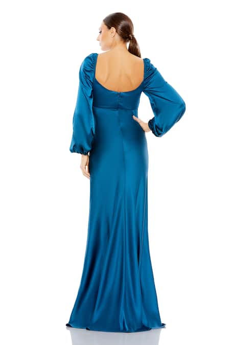 Mac Duggal Ocean Blue Puff Sleeve Solid Gown 