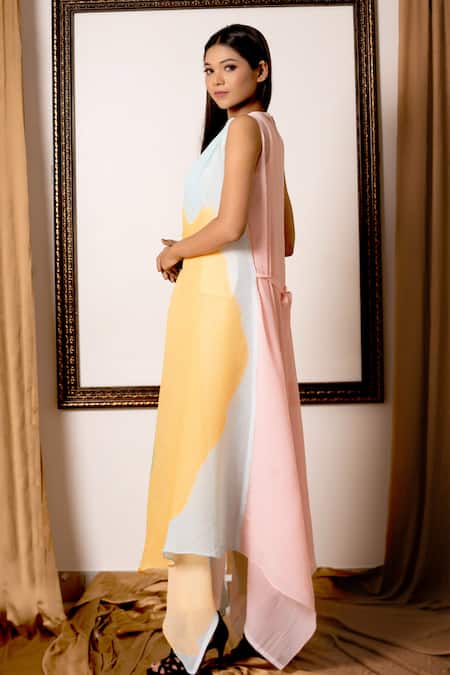 Preeti Mehta Multi Color Georgette, Denim Multicolor Abstract Drape Tunic And Pant Set Online at Aza Fashions Preeti Mehta_Multi Color Georgette, Denim Multicolor Abstract Drape Tunic And Pant Set _Online_at_Aza_Fashions