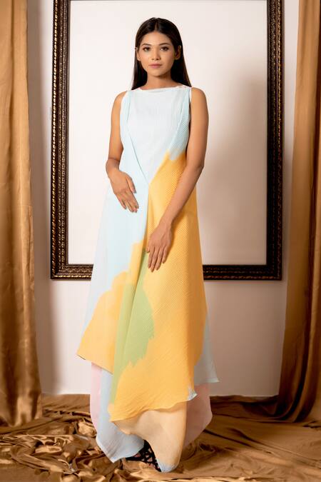 Buy Preeti Mehta Multi Color Georgette, Denim Multicolor Abstract Drape Tunic And Pant Set Online at Aza Fashions Buy_Preeti Mehta_Multi Color Georgette, Denim Multicolor Abstract Drape Tunic And Pant Set _Online_at_Aza_Fashions