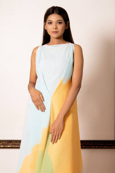 Shop Preeti Mehta Multi Color Georgette, Denim Multicolor Abstract Drape Tunic And Pant Set Online at Aza Fashions Shop_Preeti Mehta_Multi Color Georgette, Denim Multicolor Abstract Drape Tunic And Pant Set _Online_at_Aza_Fashions