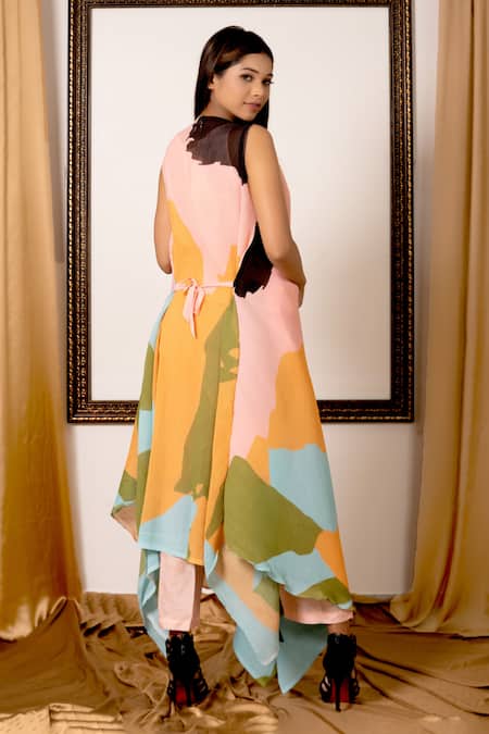 Shop Preeti Mehta Multi Color Silk, Cotton, Georgette, Asymmetric Abstract Print Drape Tunic Set at Aza Fashions Shop_Preeti Mehta_Multi Color Silk, Cotton, Georgette, Asymmetric Abstract Print Drape Tunic Set _at_Aza_Fashions