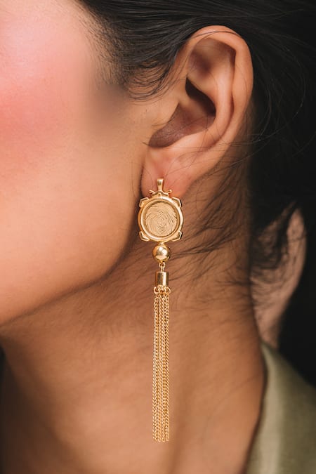 Ode Jewels Gold Plated Fingerprint Carved Dangler Earrings 