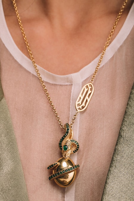 Ode Jewels Gold Plated Green Serpentine Pendant Necklace 