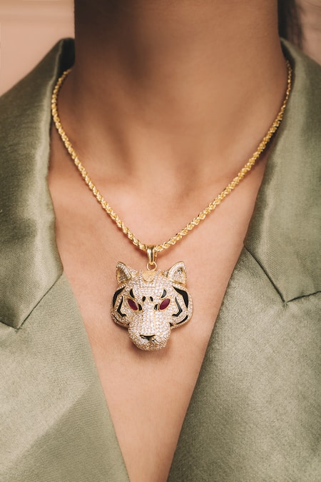 Shop Ode Jewels Gold Plated Mayan Wild Cat Pendant Necklace at Aza Fashions Shop_Ode Jewels_Gold Plated Mayan Wild Cat Pendant Necklace _at_Aza_Fashions