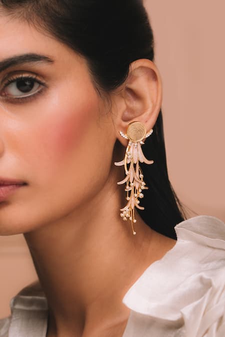 Shop Ode Jewels Gold Plated And Peach Dew Bloom Danglers at Aza Fashions Shop_Ode Jewels_Gold Plated And Peach Dew Bloom Danglers _at_Aza_Fashions