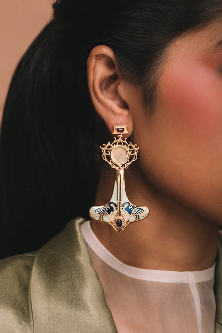 Shop_Ode Jewels_Blue Stones Gold Peacock Motif Dangler Earrings _at_Aza_Fashions