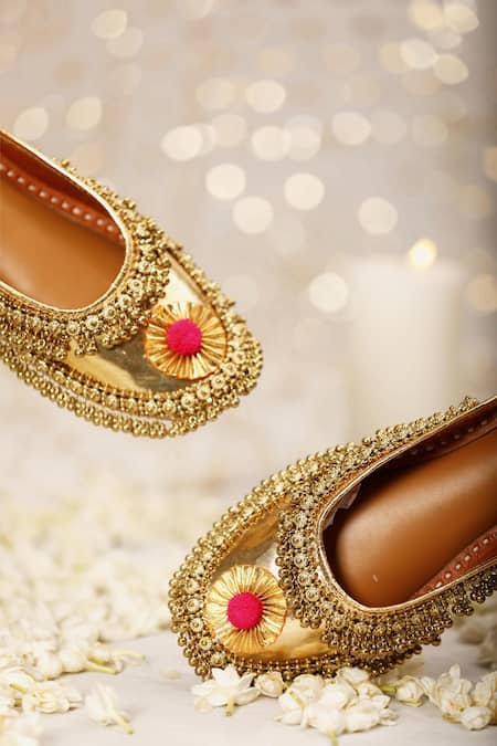 5elements_Gold Gota Patti Ghungroo Embellished Juttis _Online_at_Aza_Fashions