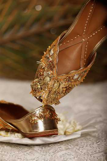 5elements_Gold Pearls, Beads, Gota Patti Ghungroo Embellished Juttis _Online_at_Aza_Fashions
