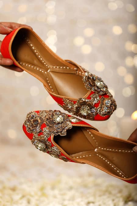Shop_5elements_Red Embroidery Floral Applique And Dori Work Juttis _Online_at_Aza_Fashions