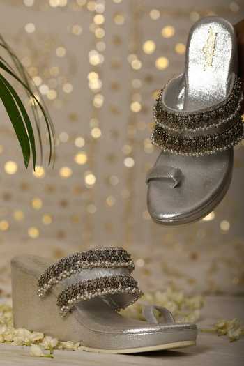 5elements_Silver Beads, Gota Patti Ghungroo Beaded Wedges _at_Aza_Fashions