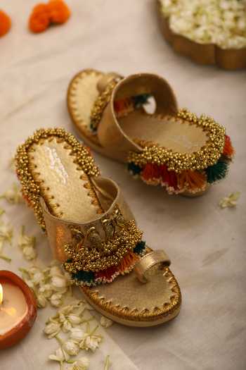 5elements_Gold Tassels, Beads Peacock Motif Wedges _at_Aza_Fashions