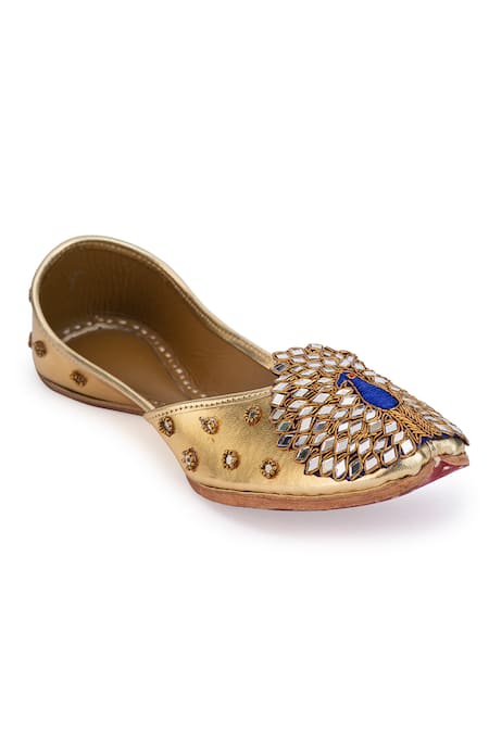 5elements Gold Mirrors, Beads Peacock Motif Juttis Online at Aza Fashions 5elements_Gold Mirrors, Beads Peacock Motif Juttis _Online_at_Aza_Fashions