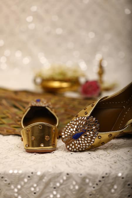 Shop 5elements Gold Mirrors, Beads Peacock Motif Juttis Online at Aza Fashions Shop_5elements_Gold Mirrors, Beads Peacock Motif Juttis _Online_at_Aza_Fashions