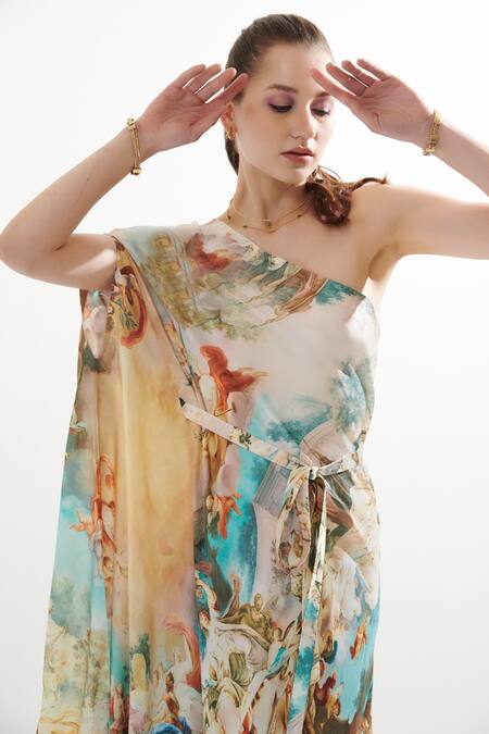 Cin Cin_Multi Color Silk Sequins Asymmetric Anne Printed Kaftan Dress With Belt _Online_at_Aza_Fashions