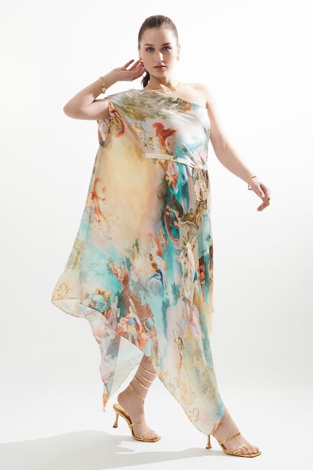 Shop_Cin Cin_Multi Color Silk Sequins Asymmetric Anne Printed Kaftan Dress With Belt _Online_at_Aza_Fashions