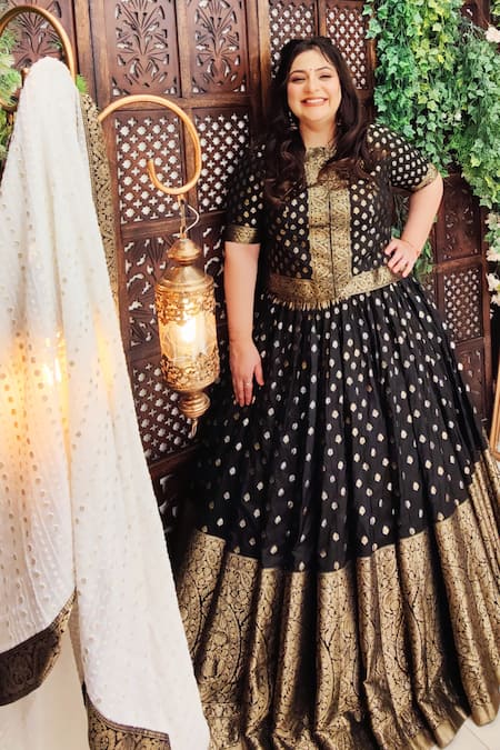 Shop_Amaltas Couture_Black Georgette, Silk Zari, Embroidery Round Floral Paisley Woven Lehenga Set _Online_at_Aza_Fashions