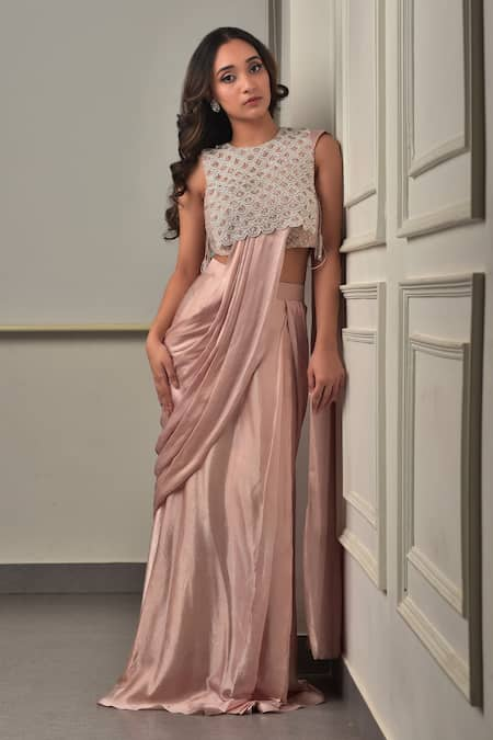 Sunita Bhandari Embroidered Baby Pink Pre-Draped Saree Set 