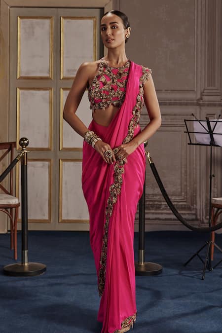 Ridhima Bhasin Fuchsia Cutwork Embellished Pre-Draped Saree Set 