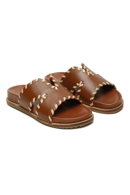 Hats Off Accessories_Brown Lace Cut-out Strap Slides_Online_at_Aza_Fashions