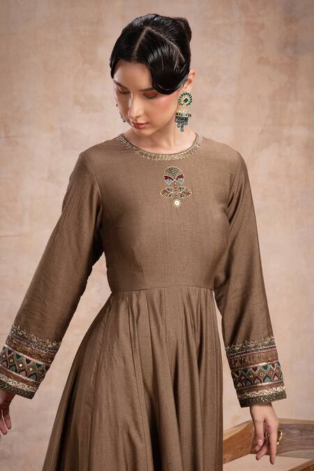 Saahiil Kapoor_Brown Tussar, Crepe, Organza Mirrors, Sequins, Thread Embroidered Anarkali Set _Online_at_Aza_Fashions