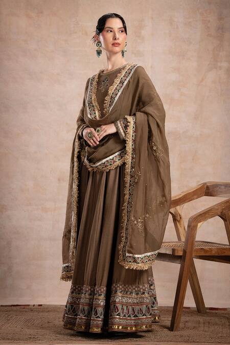 Buy_Saahiil Kapoor_Brown Tussar, Crepe, Organza Mirrors, Sequins, Thread Embroidered Anarkali Set _Online_at_Aza_Fashions